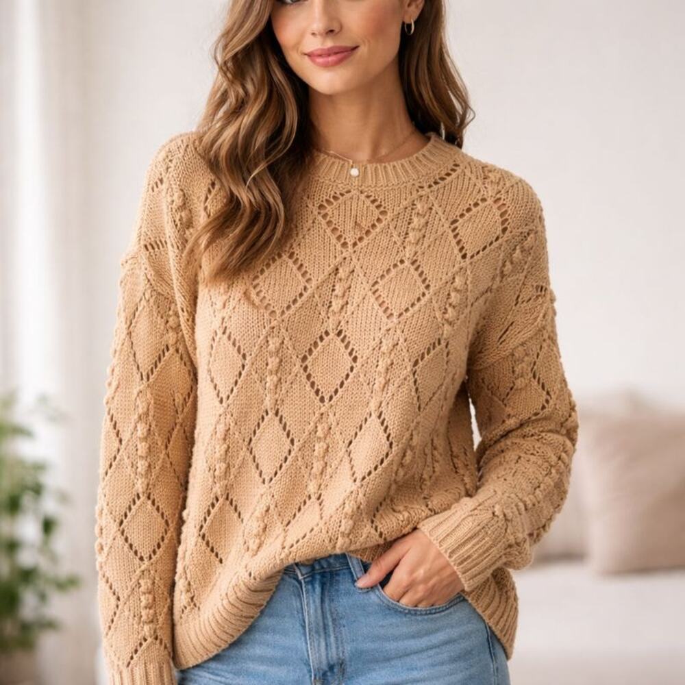 LOFT Bobble Pointelle Drop Shoulder Sweater – Camel – Size XS - Picture 2 of 8